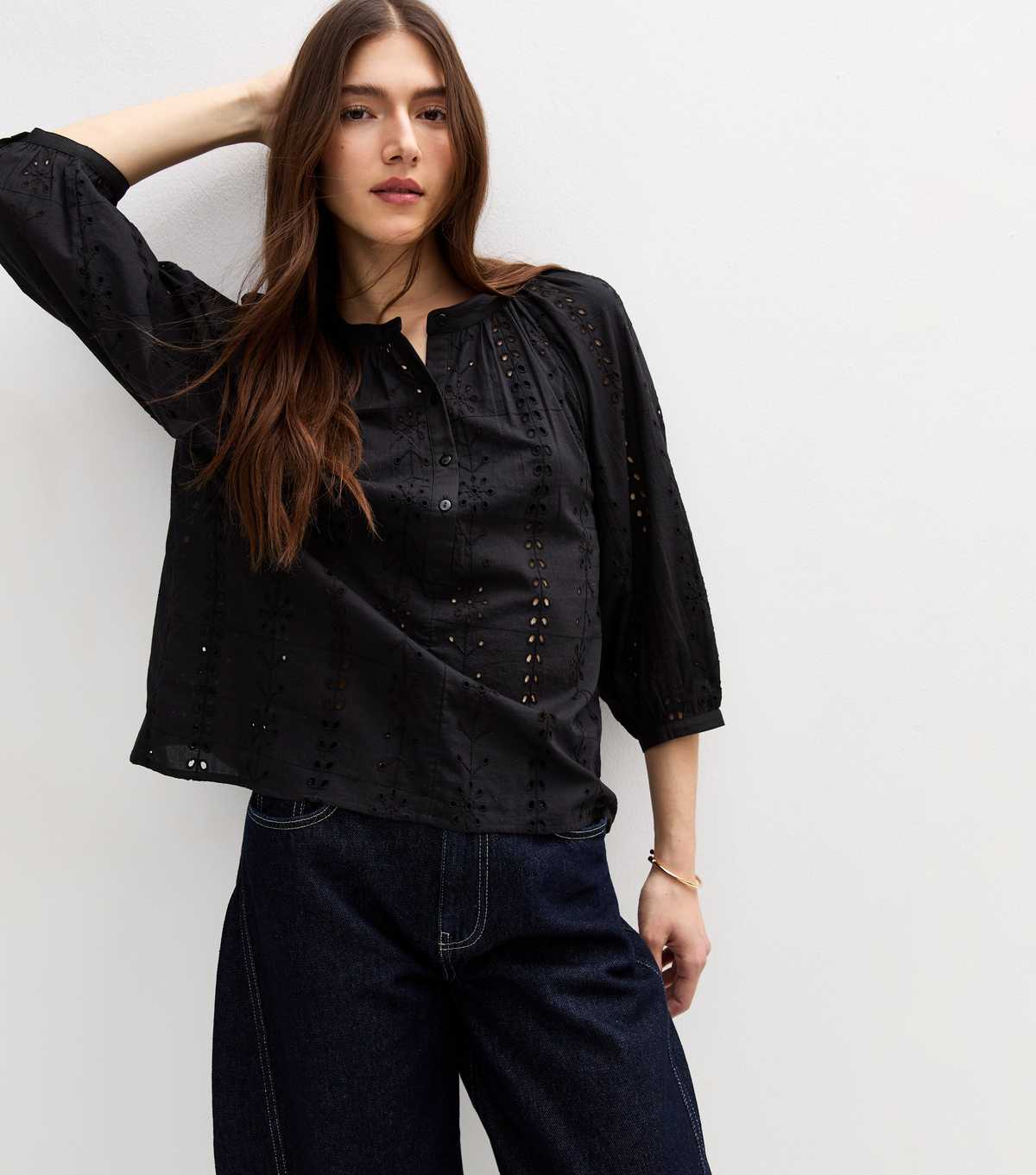 Black Broderie Anglaise Balloon Sleeve Blouse