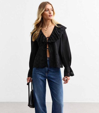 Black Broderie Anglaise Frill Collar Blouse