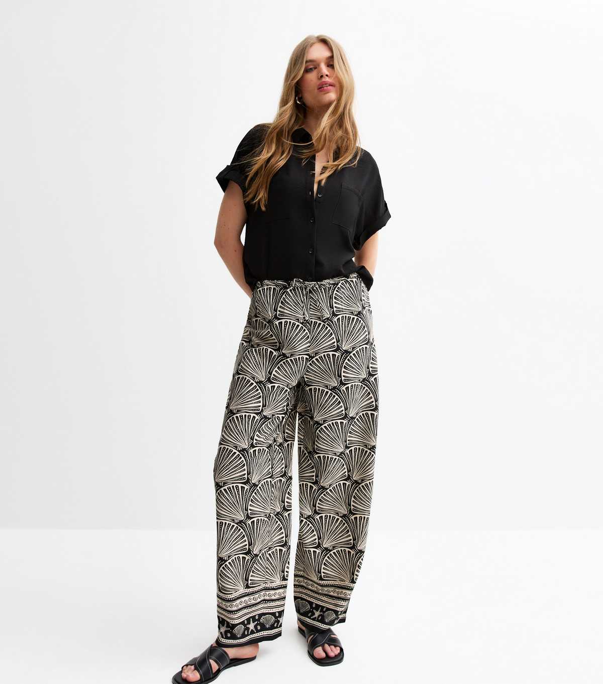 Black Crepe Shell Print Wide Leg Trousers