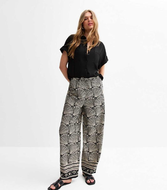 Black Crepe Shell Print Wide Leg Trousers
