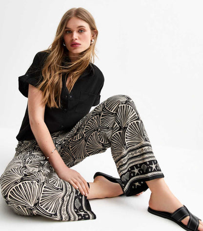 Black Crepe Shell Print Wide Leg Trousers