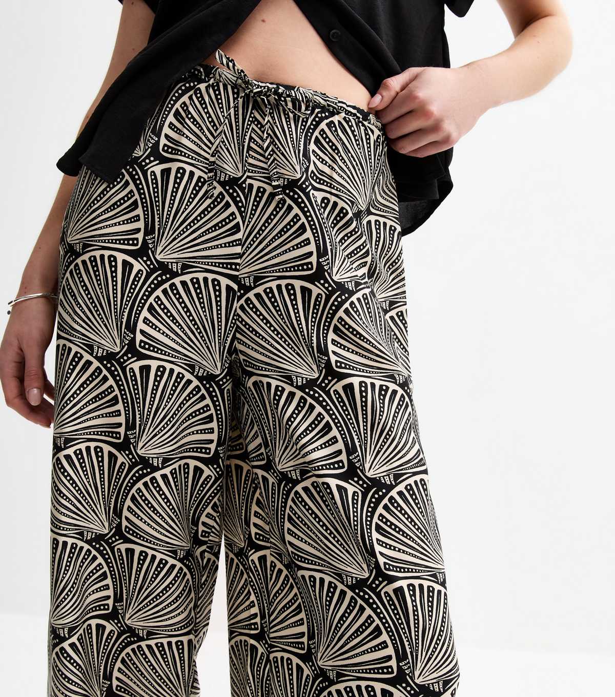 Black Crepe Shell Print Wide Leg Trousers
