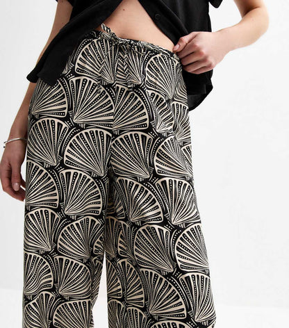 Black Crepe Shell Print Wide Leg Trousers
