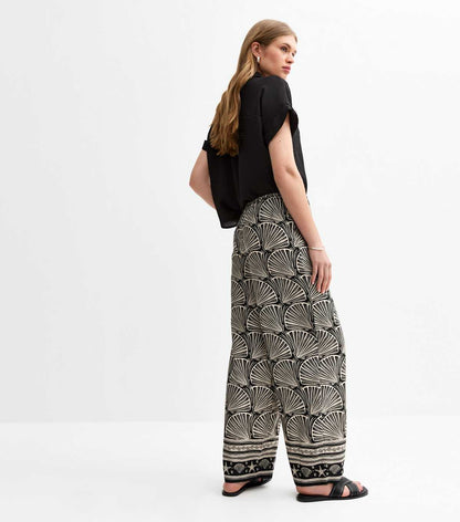 Black Crepe Shell Print Wide Leg Trousers