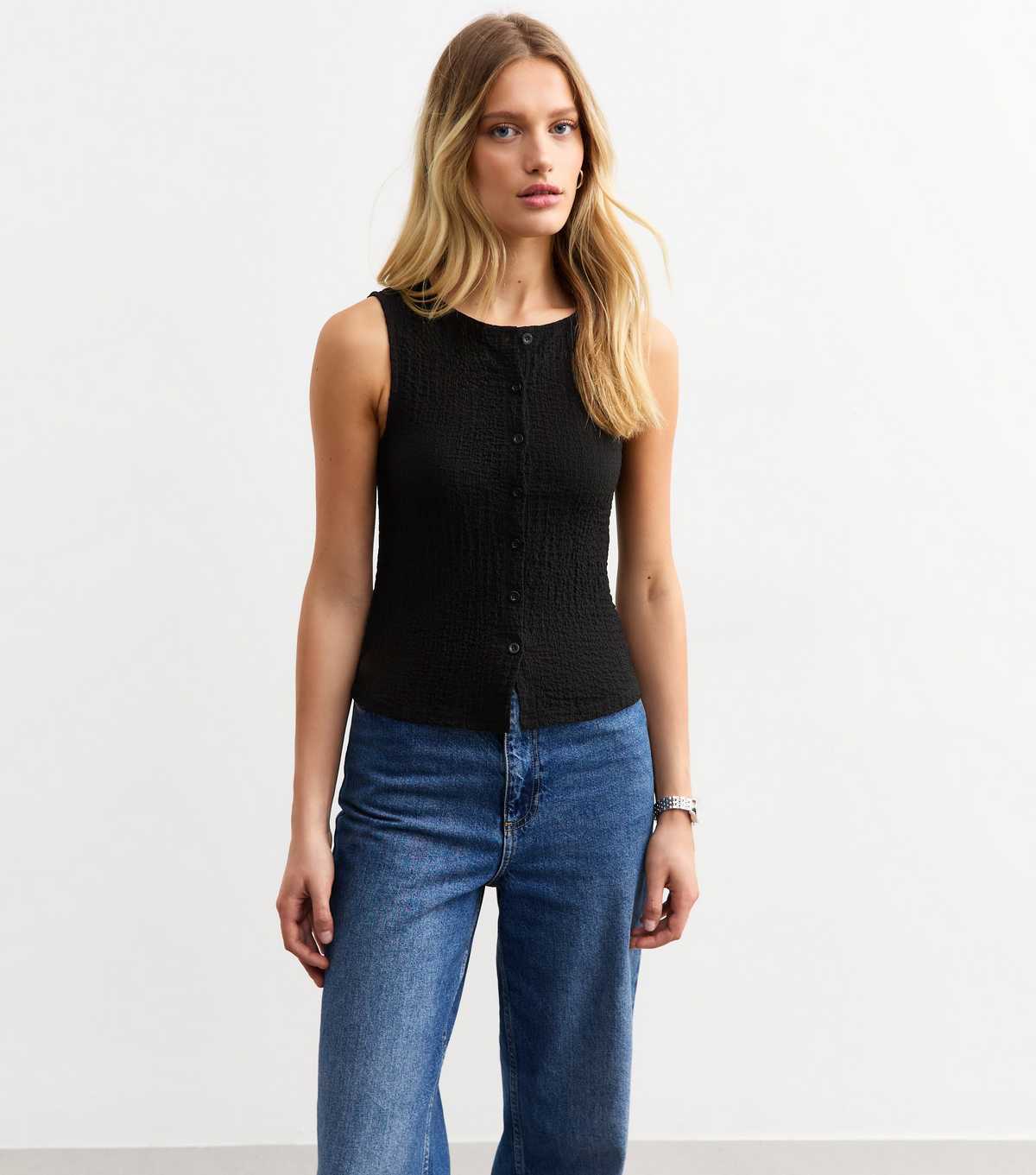 Black Crinkle Crew Neck Button Through Waistcoat