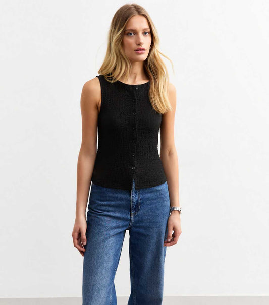Black Crinkle Crew Neck Button Through Waistcoat