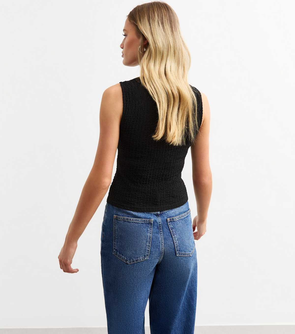 Black Crinkle Crew Neck Button Through Waistcoat