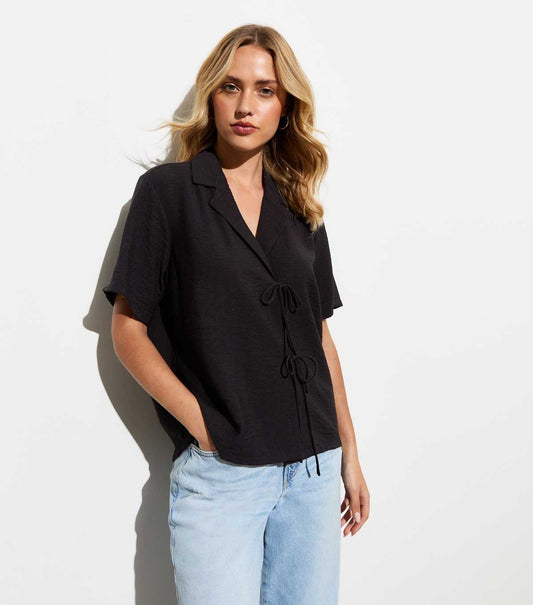 Black Crinkled Tie Front Resort Shirt