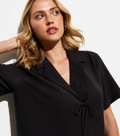 Black Crinkled Tie Front Resort Shirt