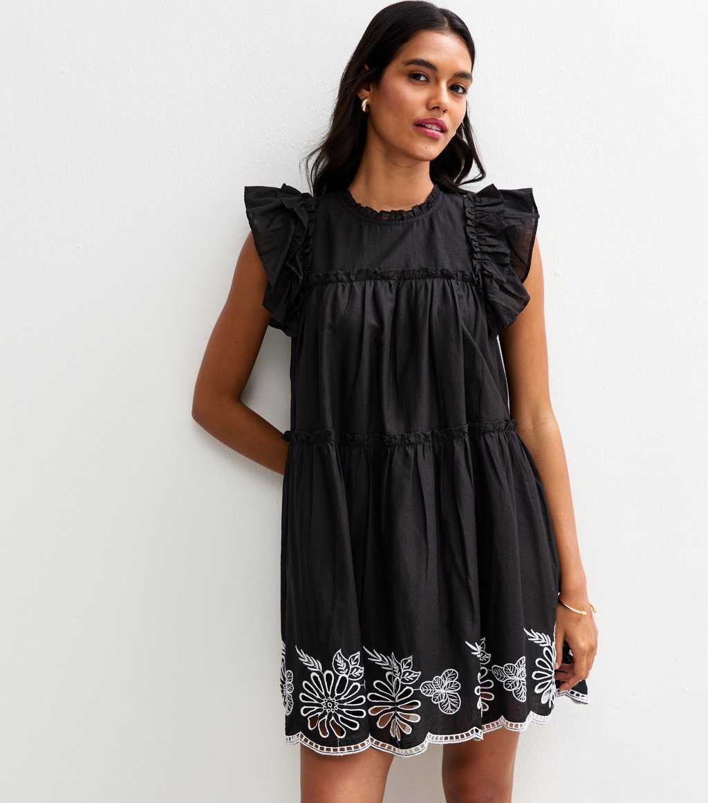 Black Floral Embroidered Frill Trim Mini Dress