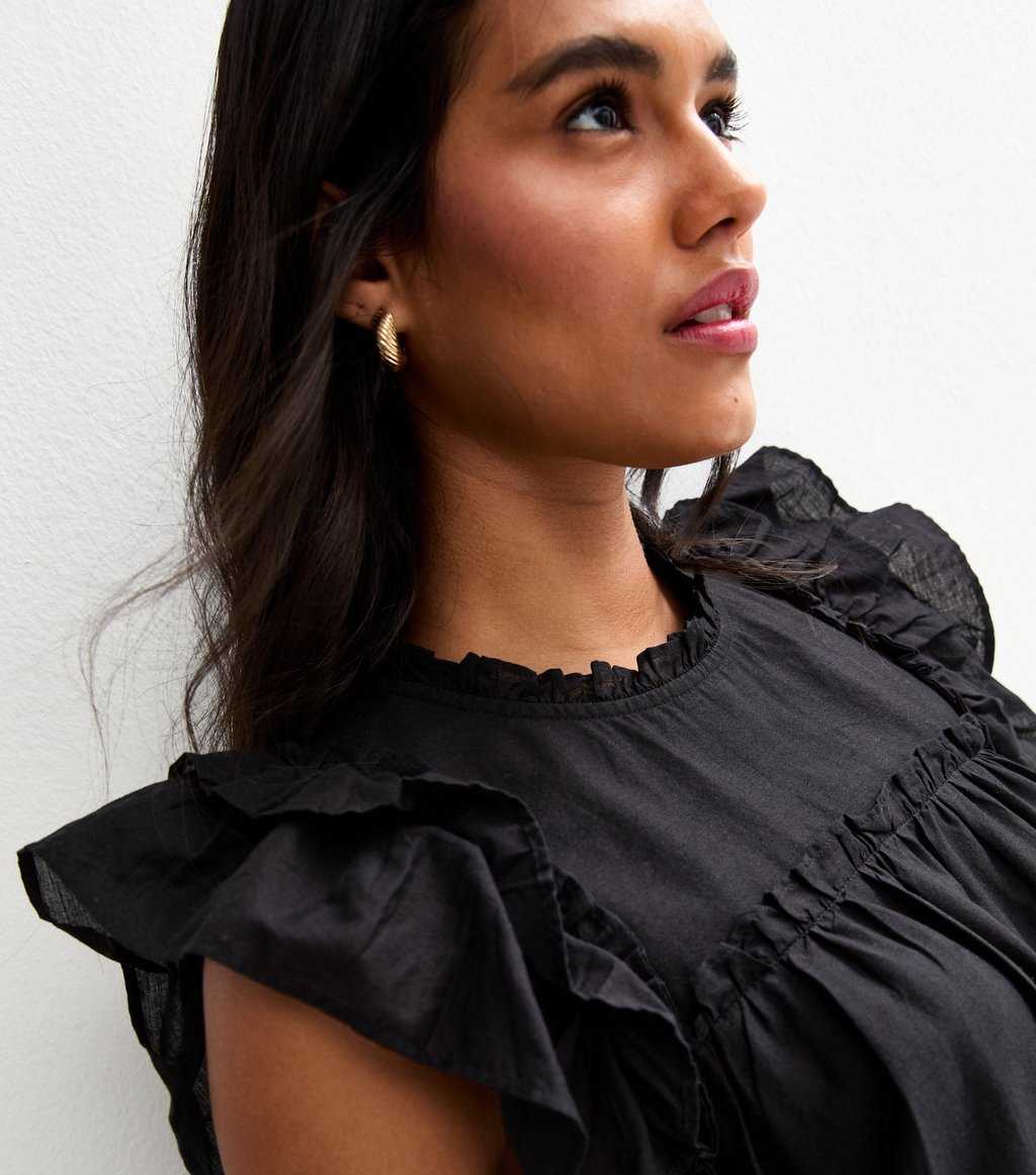Black Floral Embroidered Frill Trim Mini Dress