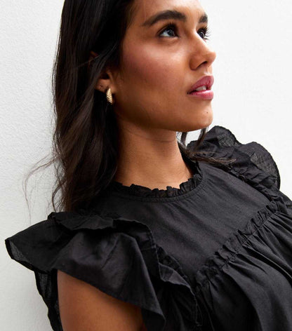 Black Floral Embroidered Frill Trim Mini Dress