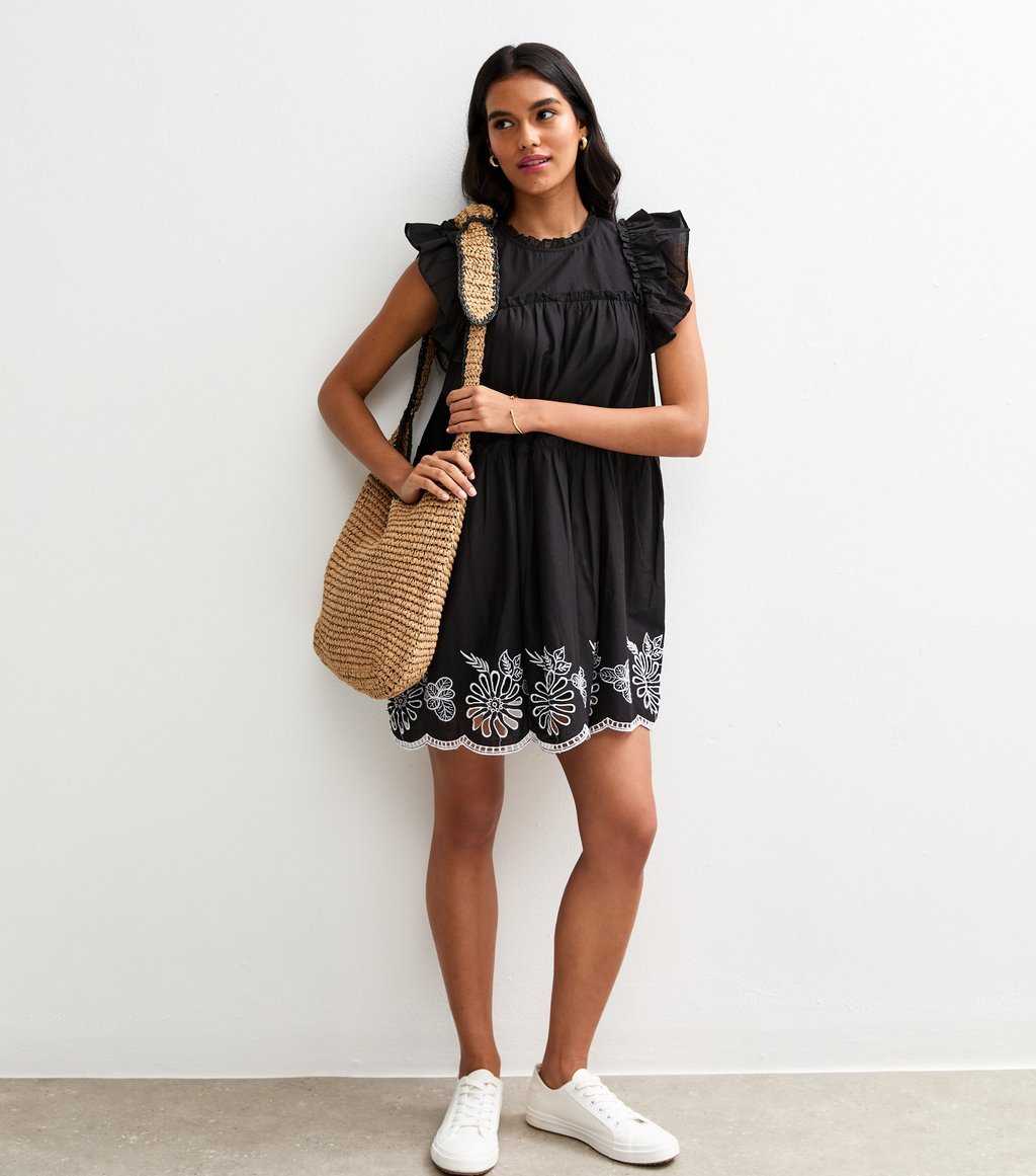 Black Floral Embroidered Frill Trim Mini Dress