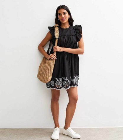 Black Floral Embroidered Frill Trim Mini Dress