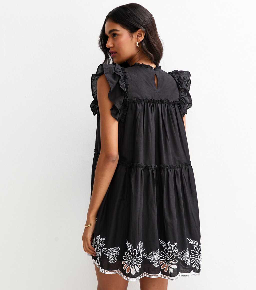 Black Floral Embroidered Frill Trim Mini Dress