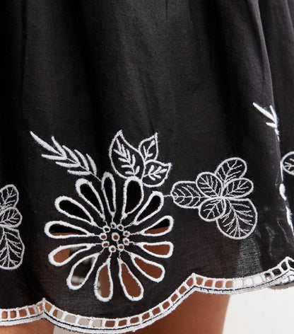 Black Floral Embroidered Frill Trim Mini Dress