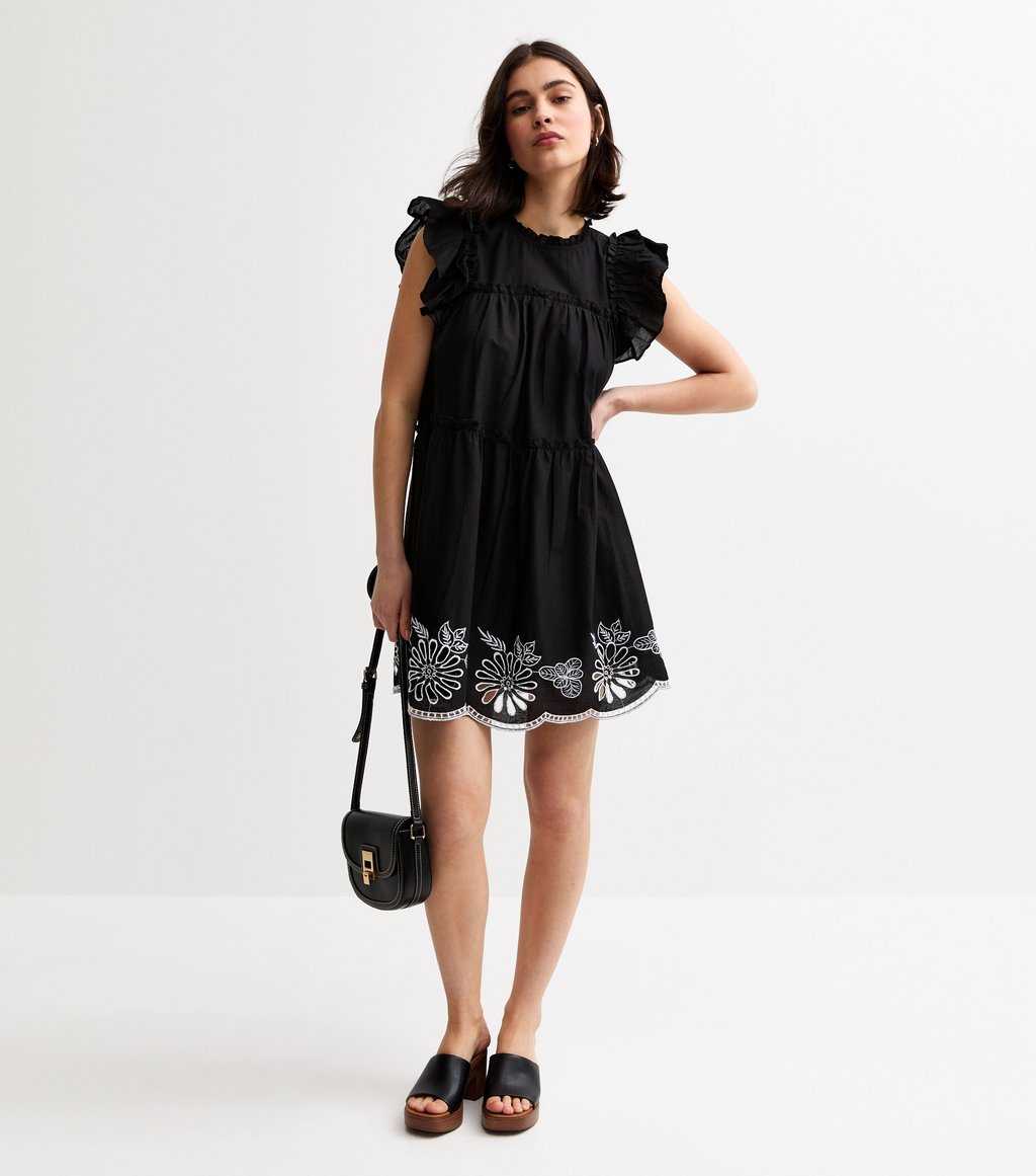 Black Floral Embroidered Frill Trim Mini Dress