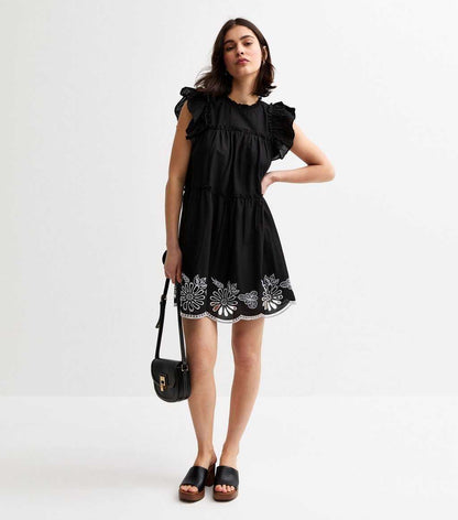 Black Floral Embroidered Frill Trim Mini Dress