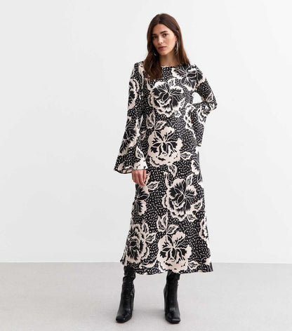 Black Floral Print Flared Sleeve Midi Dress