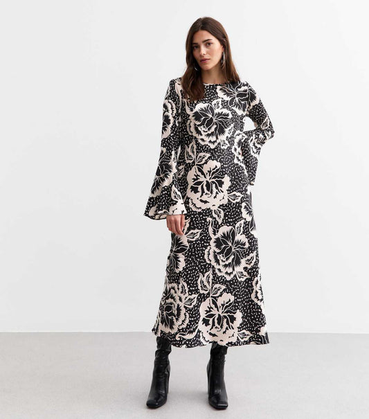 Black Floral Print Flared Sleeve Midi Dress