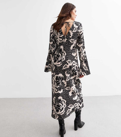 Black Floral Print Flared Sleeve Midi Dress