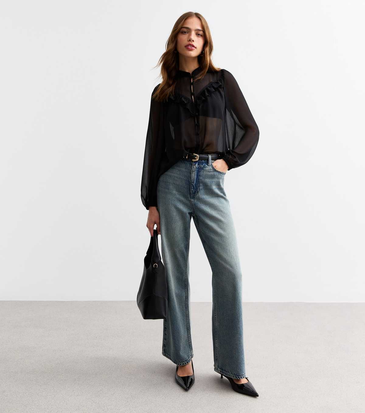 Black Frilly Trimmed Chiffon Blouse