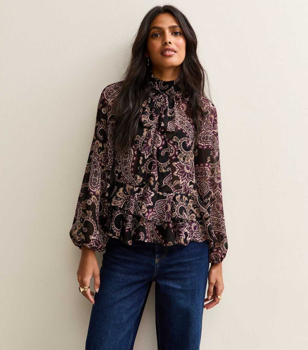 Black Paisley Long Sleeve Blouse