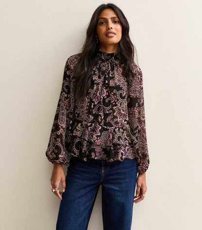 Black Paisley Long Sleeve Blouse