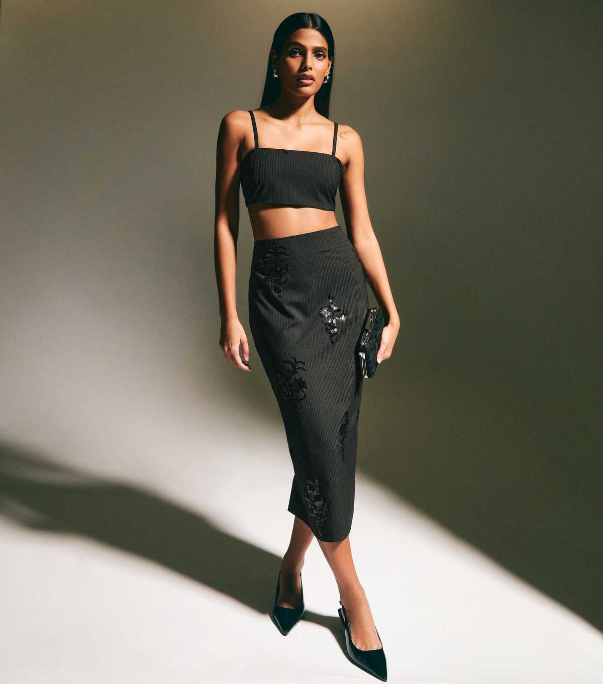 Black Sequin Pinstripe Skirt