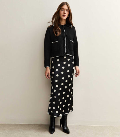 Polka Dot Satin Bias Midi Skirt In Black
