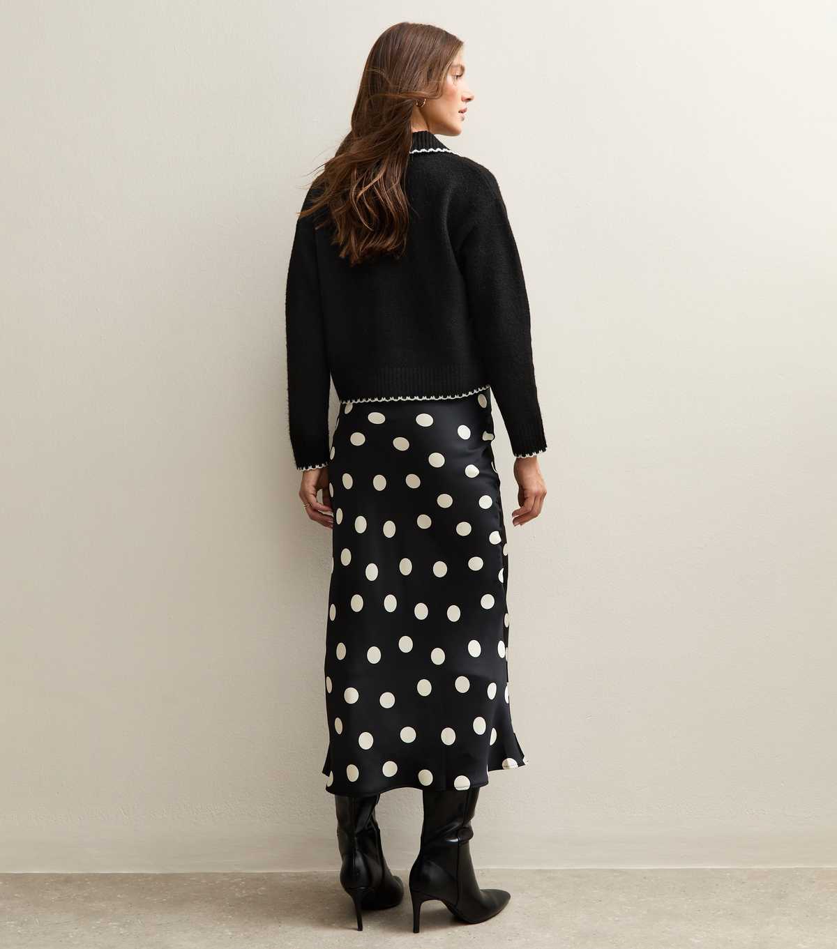 Polka Dot Satin Bias Midi Skirt In Black