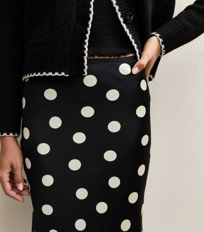 Polka Dot Satin Bias Midi Skirt In Black