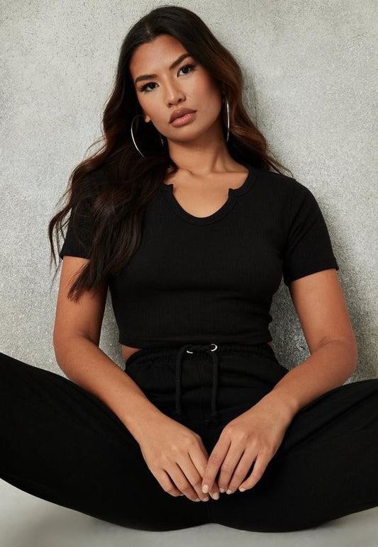 Black Rib Notch Neck Crop Top