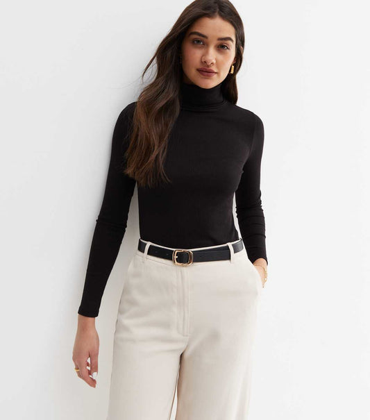 Black Ribbed Long Sleeve Roll Neck Top