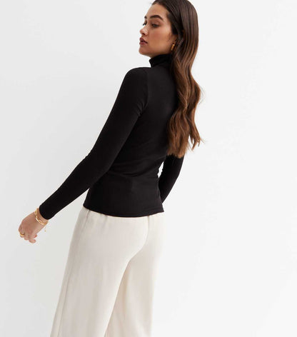 Black Ribbed Long Sleeve Roll Neck Top