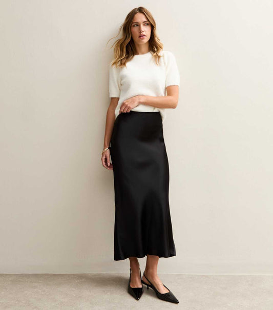 Black Satin Bias Cut Midi Skirt