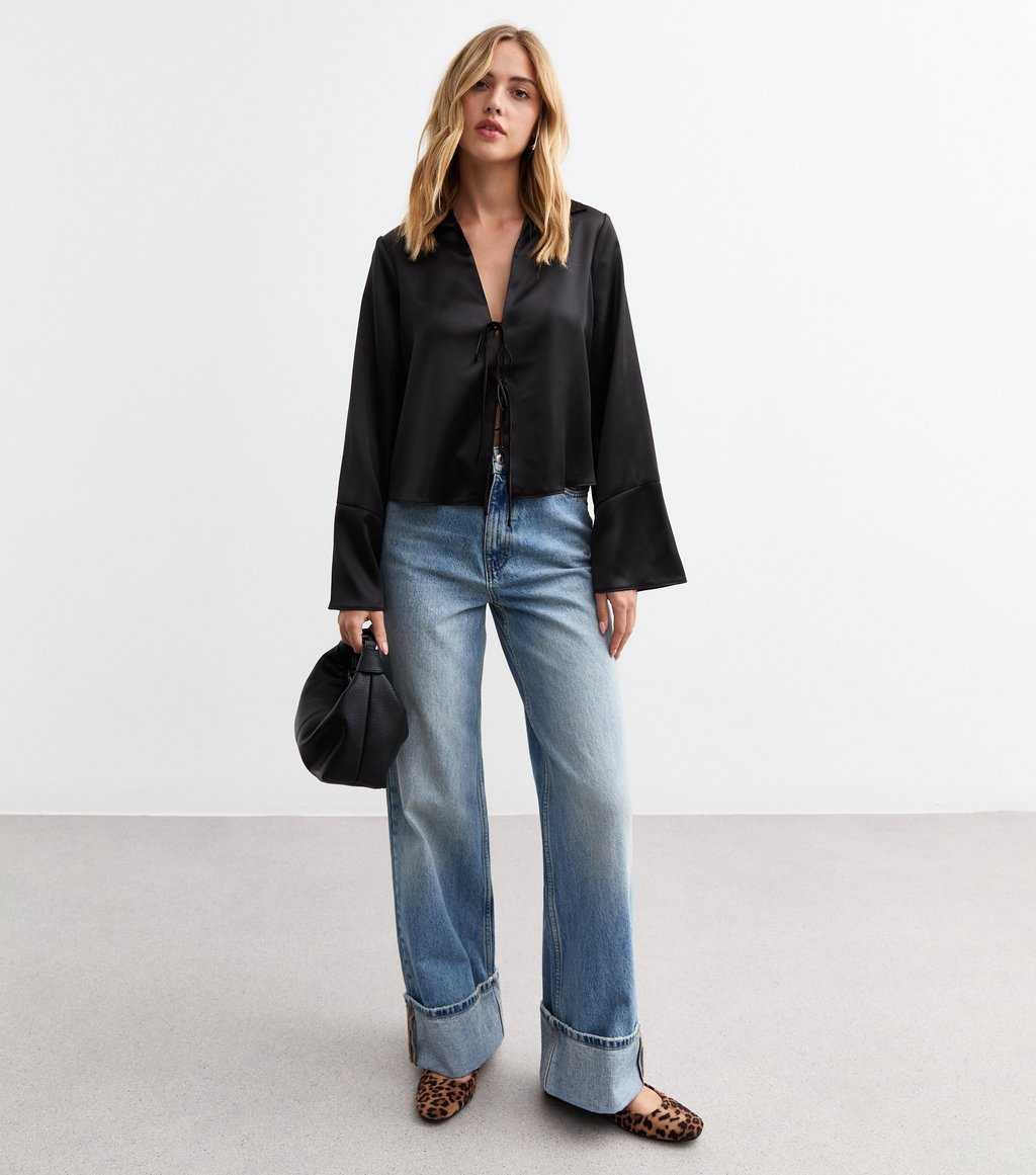 Black Satin Front Tie Top