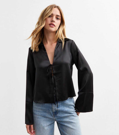 Black Satin Front Tie Top
