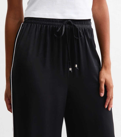 Black Side Stripe Satin Wide Leg Trousers
