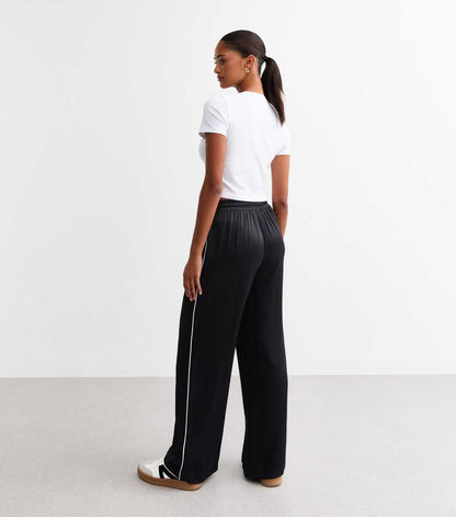 Black Side Stripe Satin Wide Leg Trousers