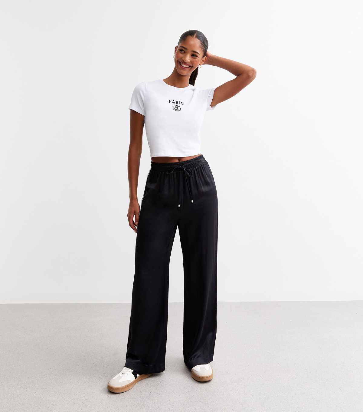 Black Side Stripe Satin Wide Leg Trousers