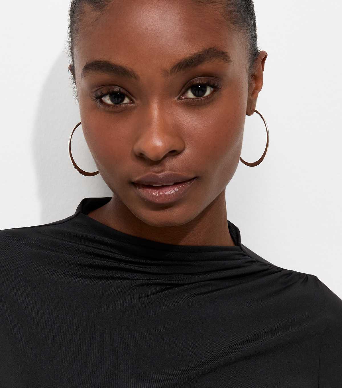Black Slinky Draped High Neck Long Sleeve Bodysuit