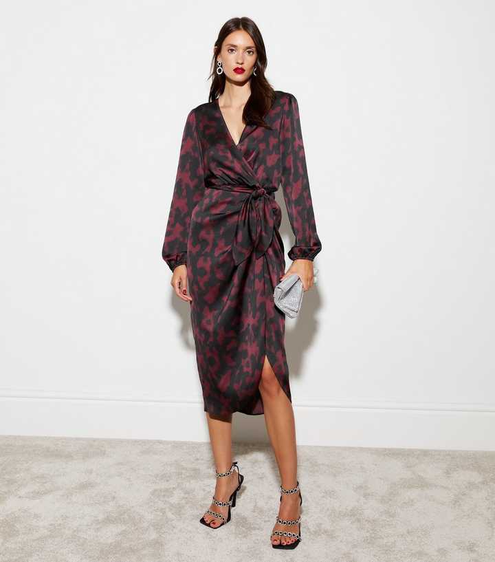 Black Tortoiseshell Print Satin Wrap Long Sleeve Midi Dress