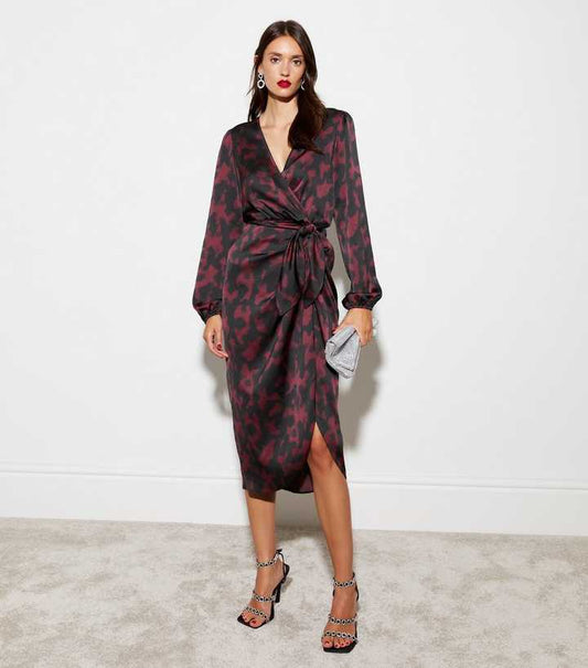Black Tortoiseshell Print Satin Wrap Long Sleeve Midi Dress