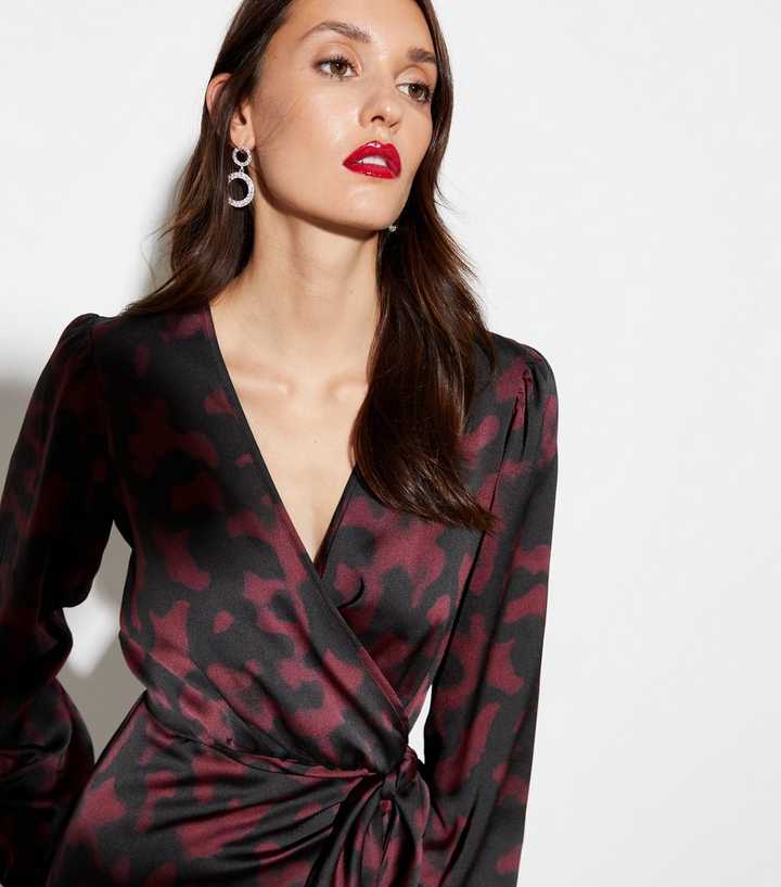 Black Tortoiseshell Print Satin Wrap Long Sleeve Midi Dress