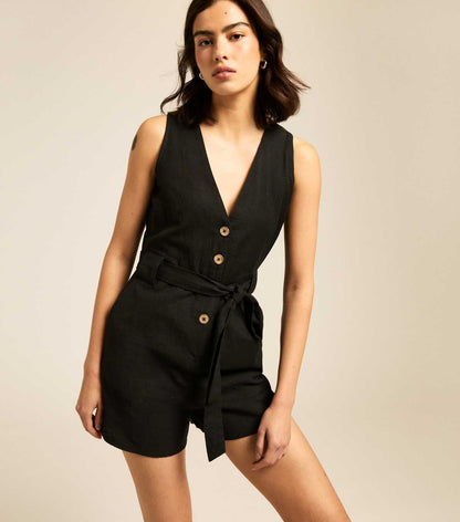 Black V-Neck Belted Playsuit