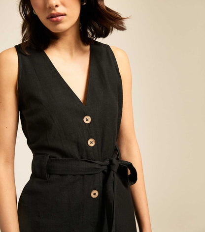 Black V-Neck Belted Playsuit