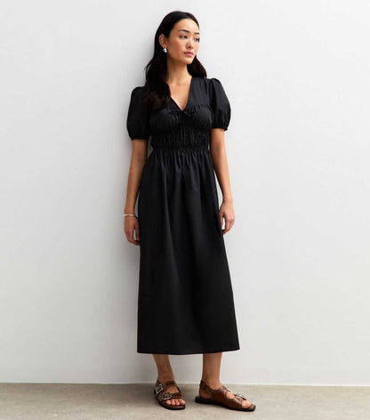 Black V Neck Shired Bodice Bow Front Midi