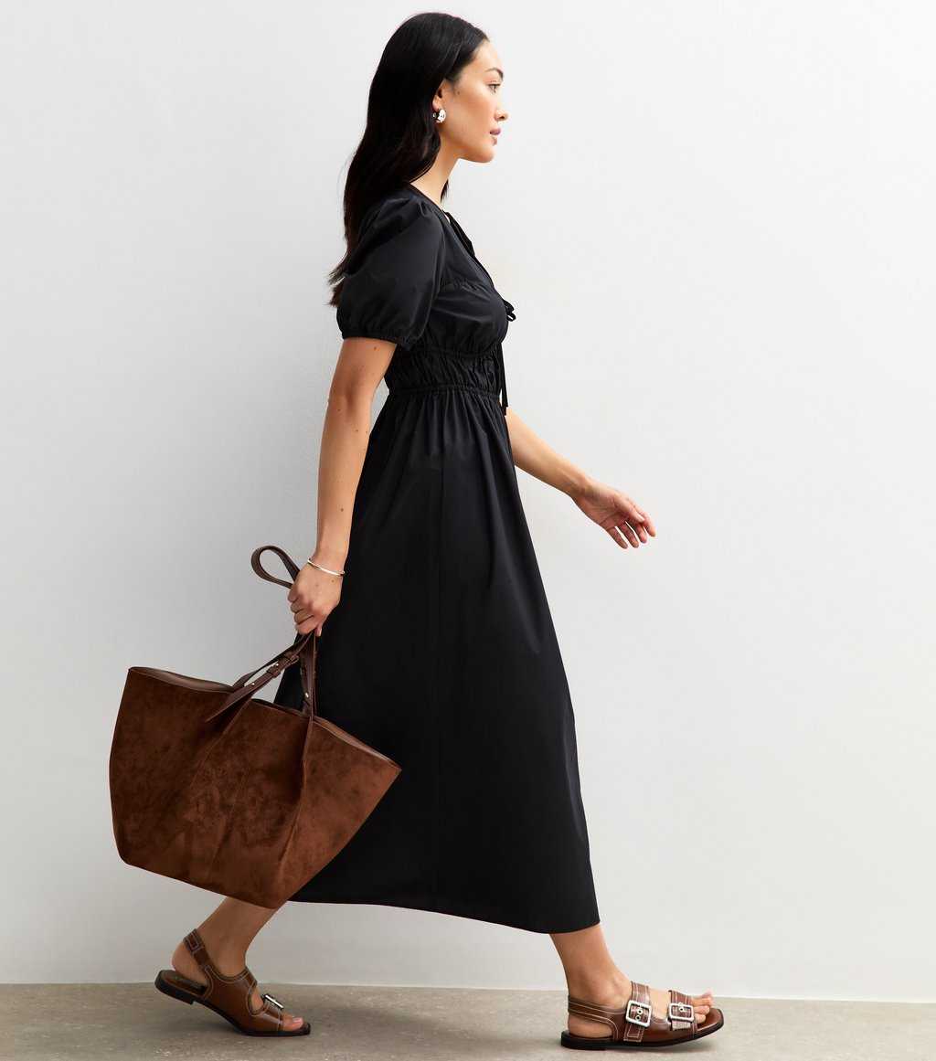 Black V Neck Shired Bodice Bow Front Midi