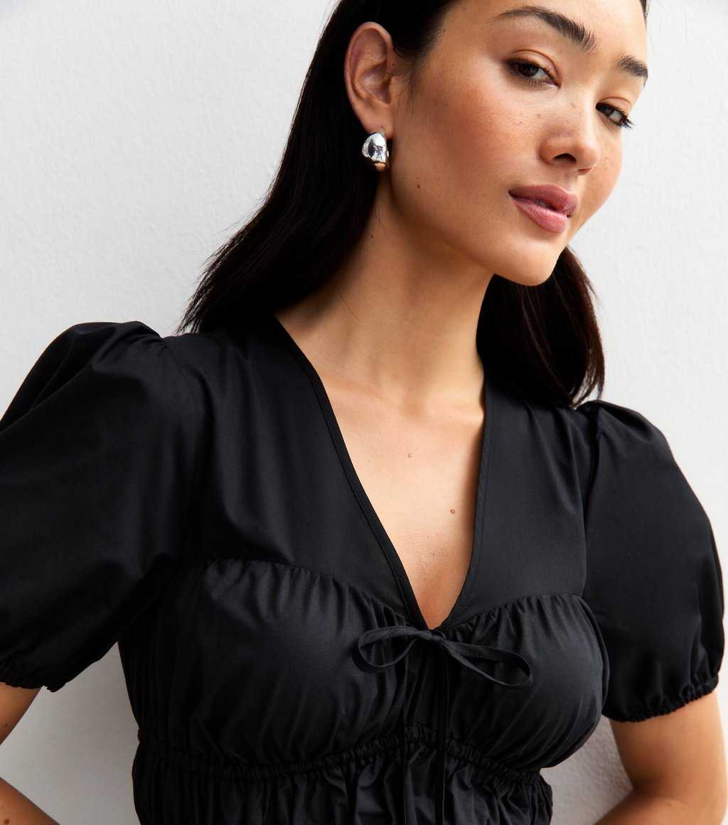 Black V Neck Shired Bodice Bow Front Midi